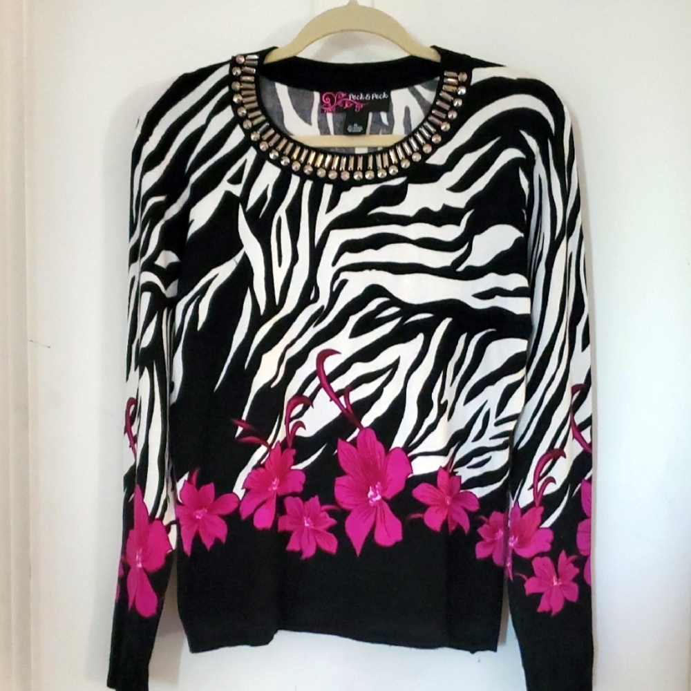 Women's Peck & Peck Black and White Zebra Sweater with Pink Accents